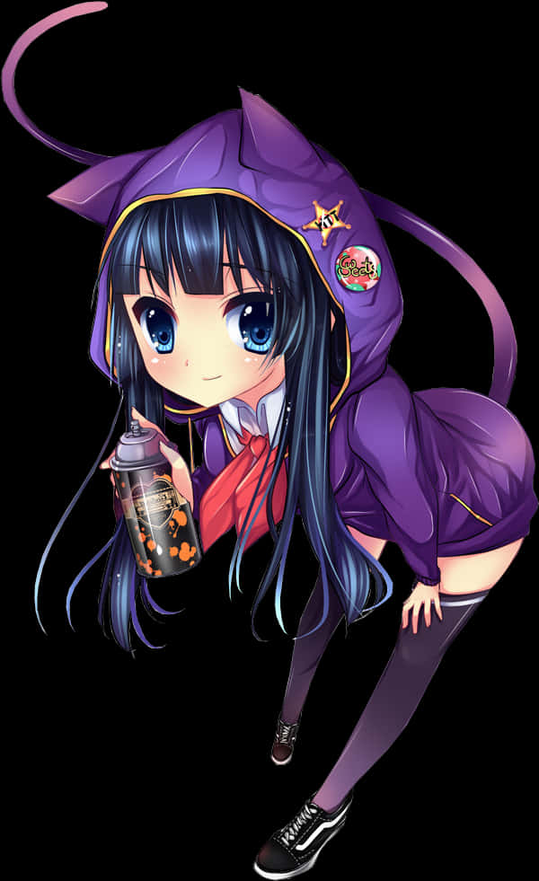 穿紫色女巫裝動漫少女 壁紙 — 一個可愛的動漫女孩穿著紫色貓耳連帽衫，在黑色背景下拿著噴霧罐。