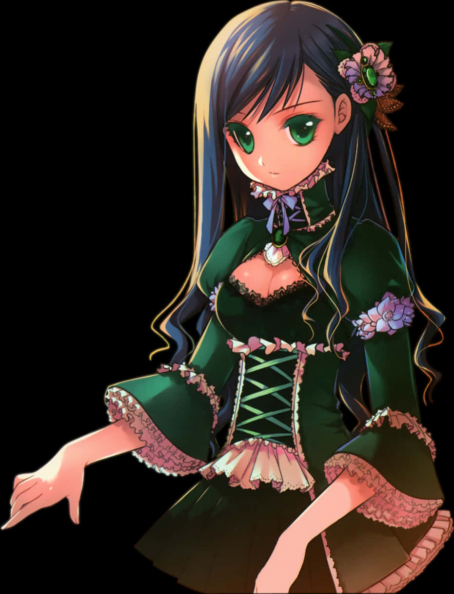穿綠色禮服的優雅動漫少女 壁紙 — 一位年輕的動漫女孩，長著深色長髮和綠色眼睛，穿著一件帶有粉紅色蕾絲的詳細綠色連衣裙，背景為黑色。