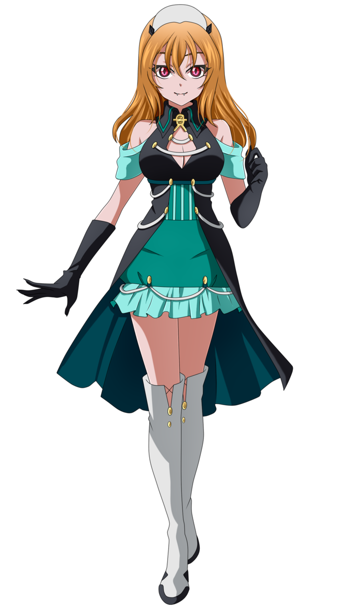 穿綠色禮服的動漫吸血鬼女孩 壁紙 — 擁有橙色頭髮和惡魔角的動漫女孩，穿著青色和黑色服裝，搭配銀色靴子。