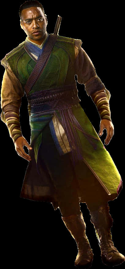 穿綠袍的奇幻角色 壁紙 — 一個穿著綠色和棕色奇幻服裝的男人，背上背著劍，站在黑色背景前。
