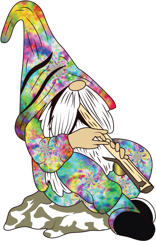 穿織染服裝的水瓶座小矮人吹笛 壁紙 — 一個古怪的地精，戴著彩虹紮染帽子和衣服，坐在黑色背景的岩石上吹奏長笛。
