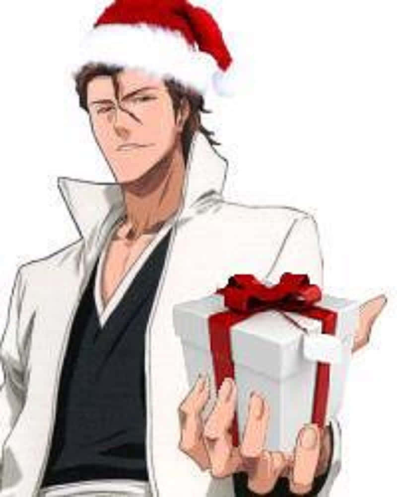 戴著聖誕帽的動漫男子拿著一個帶紅色絲帶的白色禮物盒。
