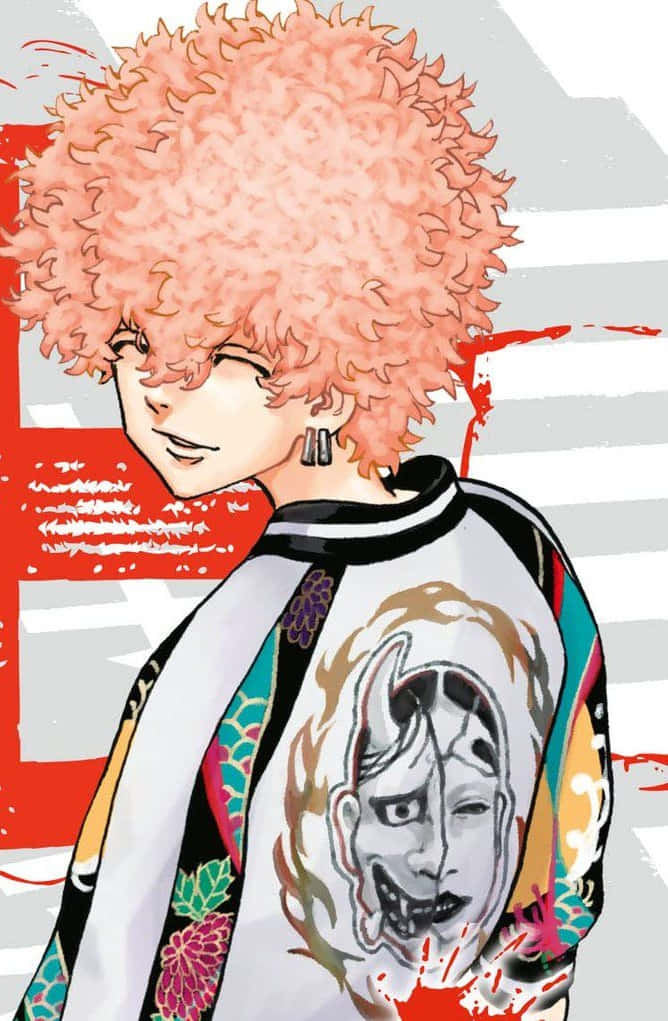 動漫角色，粉紅色爆炸頭和惡魔面孔外套設計。