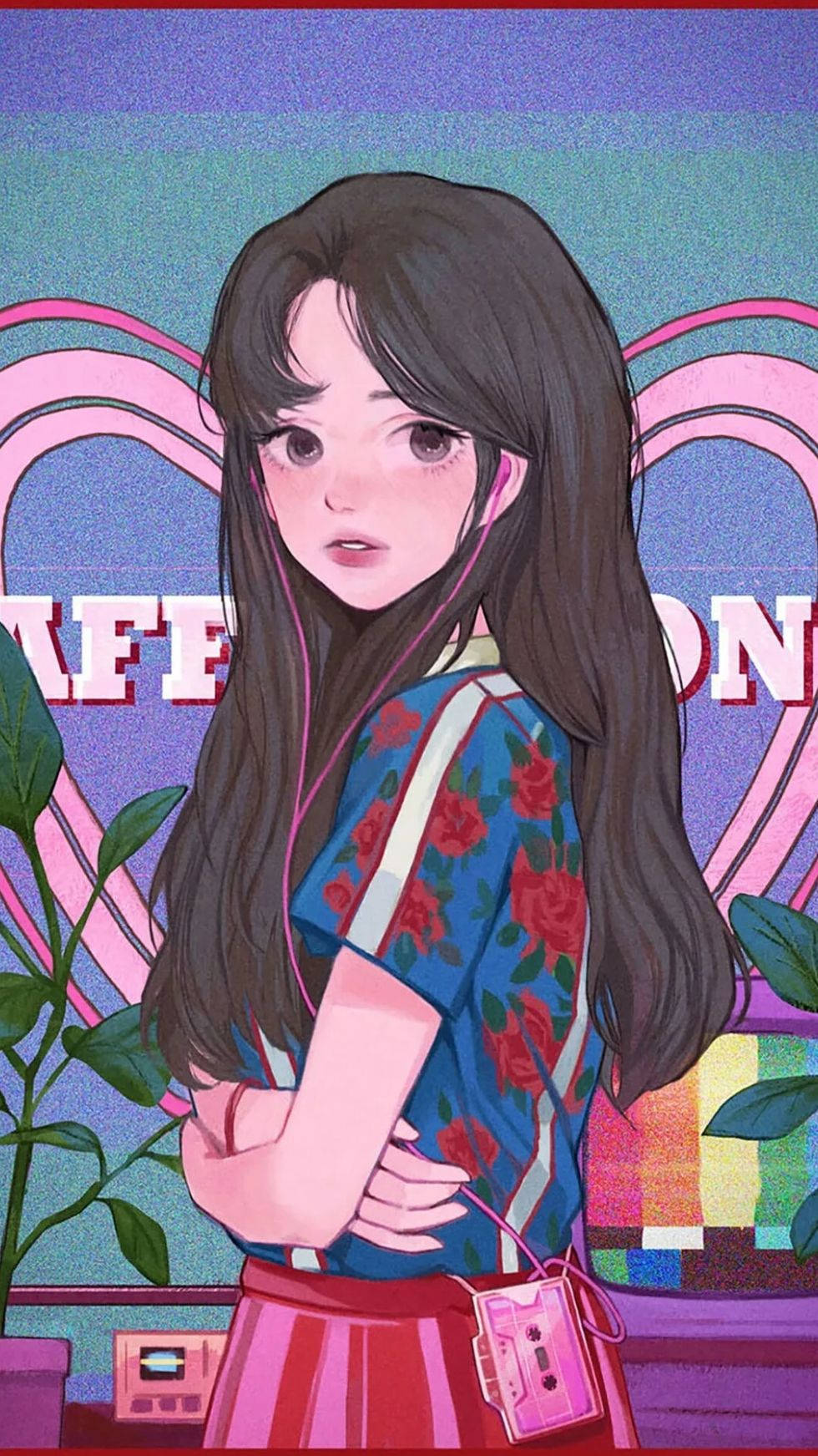 穿花襯衫動漫少女的美學手機壁紙 壁紙 — 一位年輕的動漫女孩，長著深色長髮，穿著花卉襯衫和粉紅色裙子，戴著粉紅色耳機聽音樂，背景是充滿心形和文字的鮮豔復古風格。
