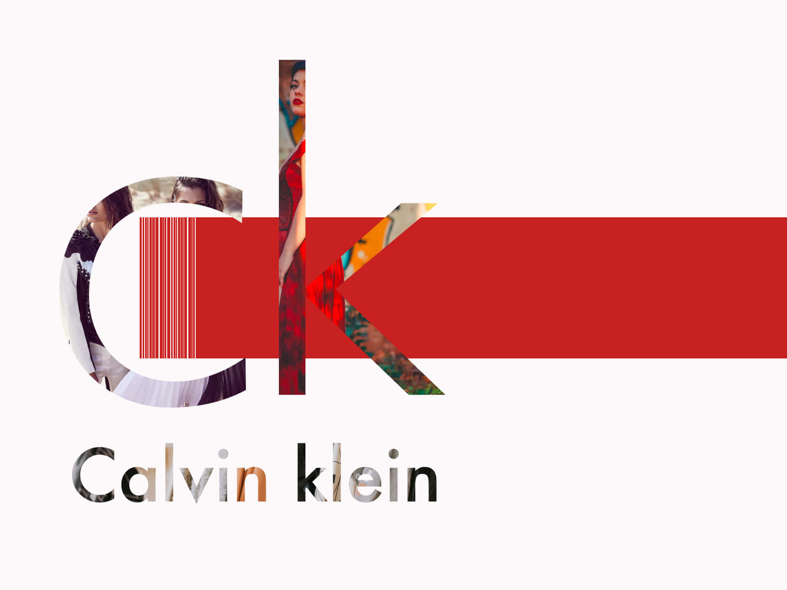穿著 Calvin Klein，展現大膽與獨特 壁紙 — Calvin Klein 標誌，粗體紅色 'ck' 字母，內有模特兒拼貼和條碼紋理，白色背景。