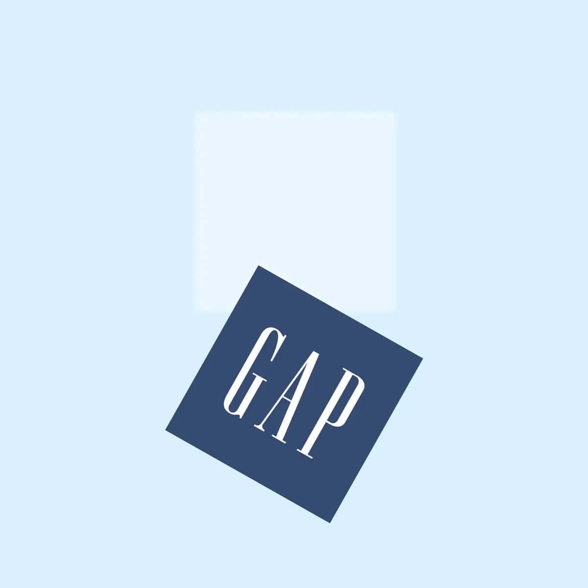 藍色正方形，帶有白色GAP標誌，漂浮在淺藍色背景上。