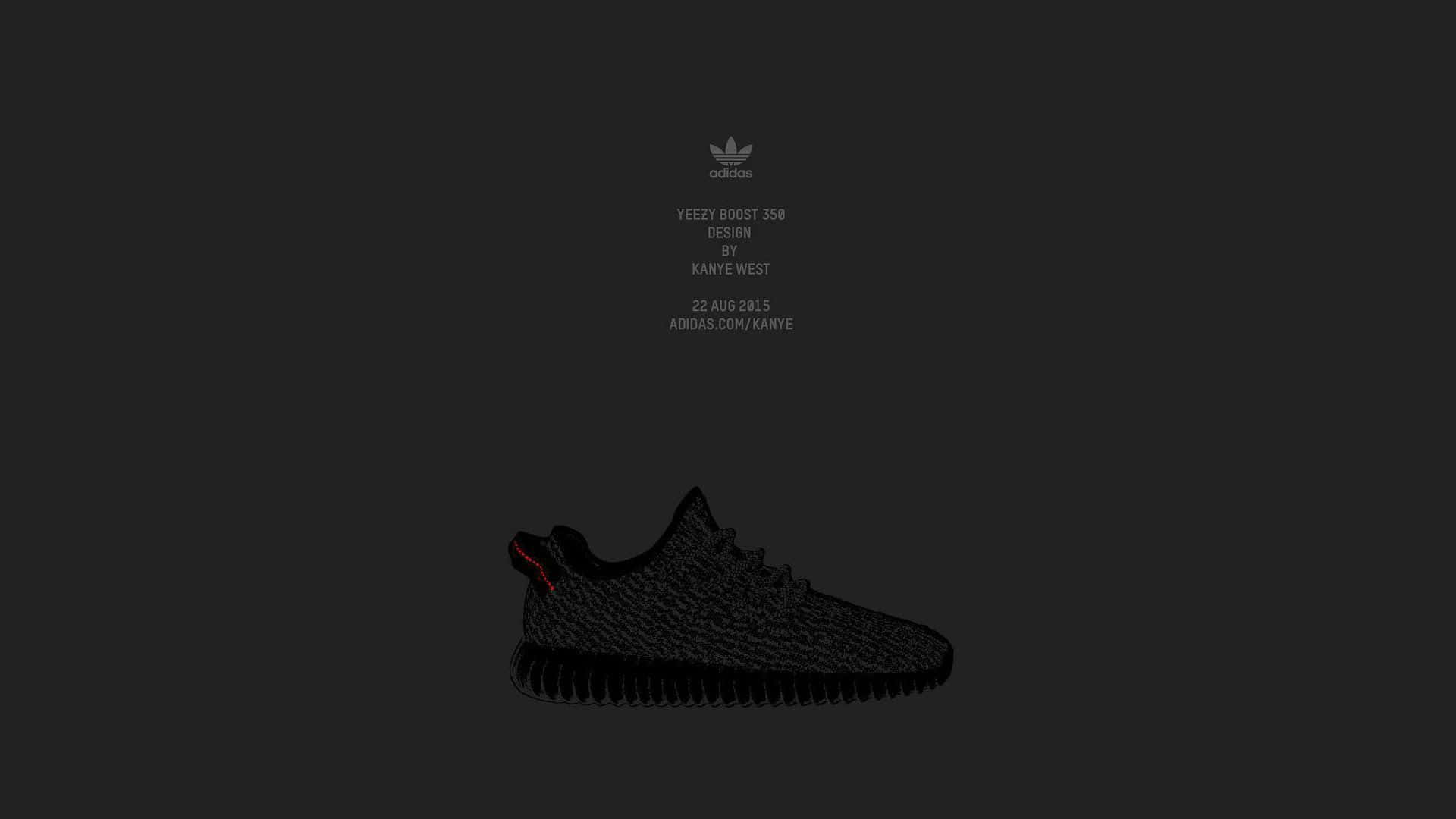 黑色 Yeezy Boost 350 運動鞋，帶有紅色細節，深灰色背景，白色文字。