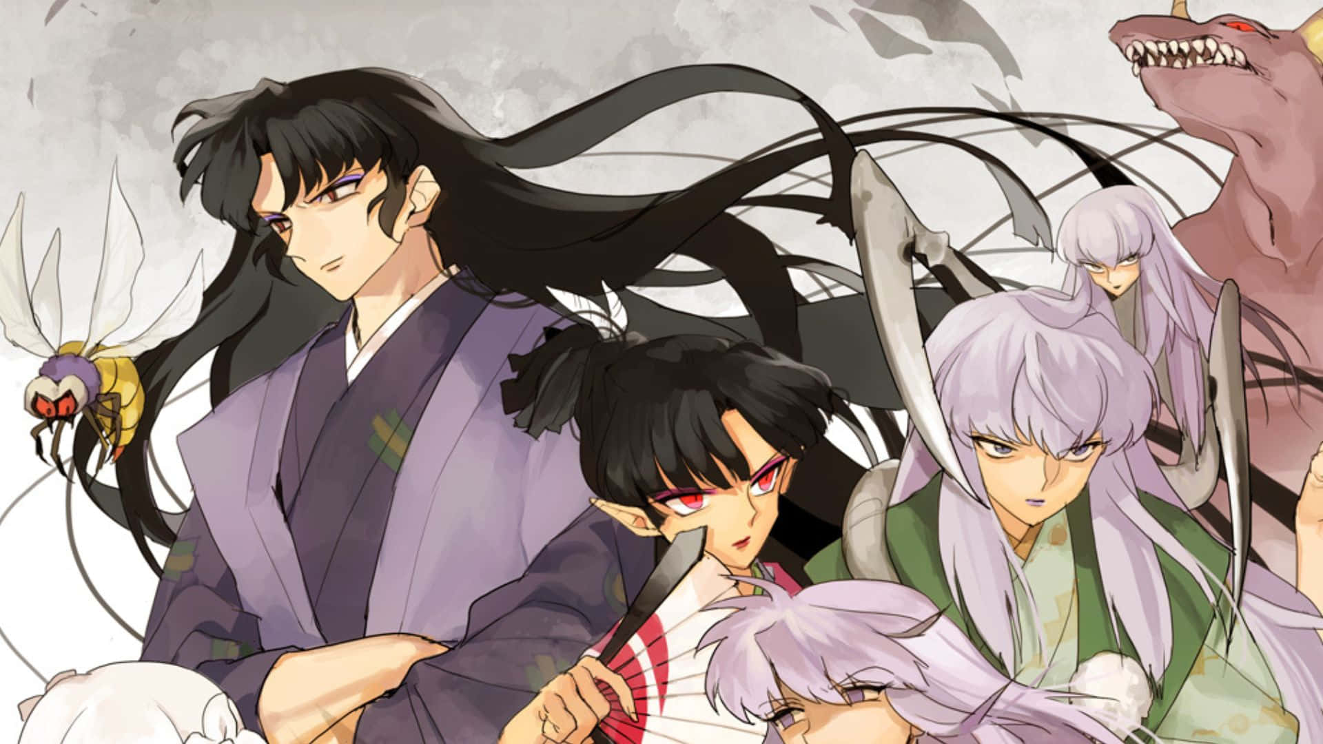 Naraku 桌布 壁紙 — 穿著傳統日本服飾的動漫角色在動態動作場景中準備好與怪物敵人戰鬥。