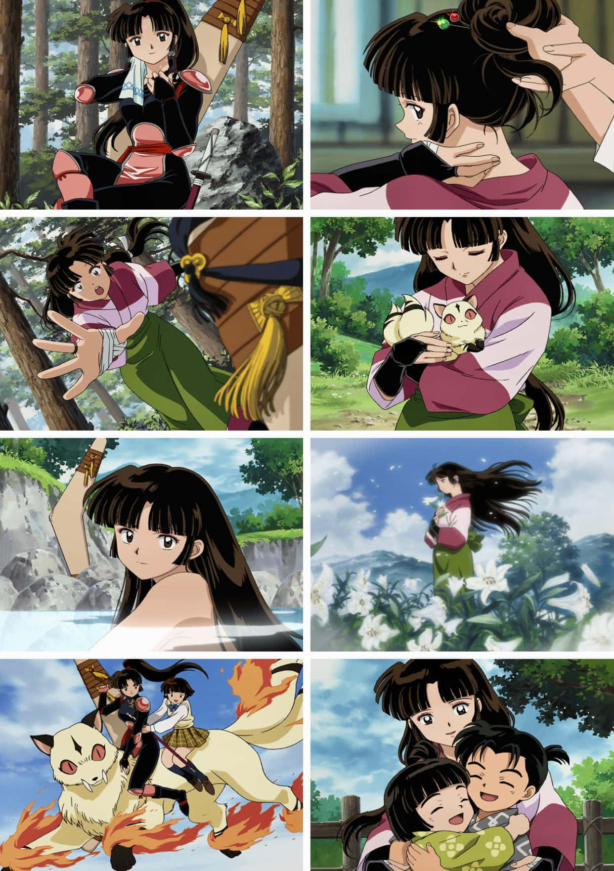 Sango 桌布 壁紙 — 穿著傳統服飾的動漫女孩在各種場景中出現，包括森林、抱貓、騎狐狸以及與家人在一起。
