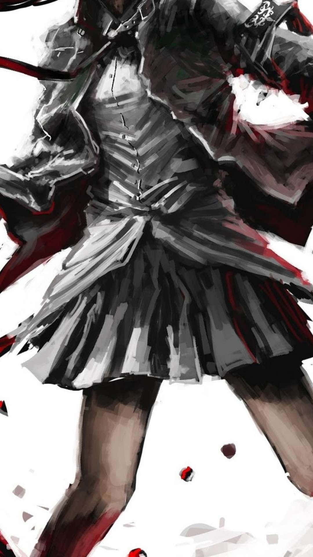穿著帶有紅色點綴校服的動漫女孩擺出動態姿勢。
