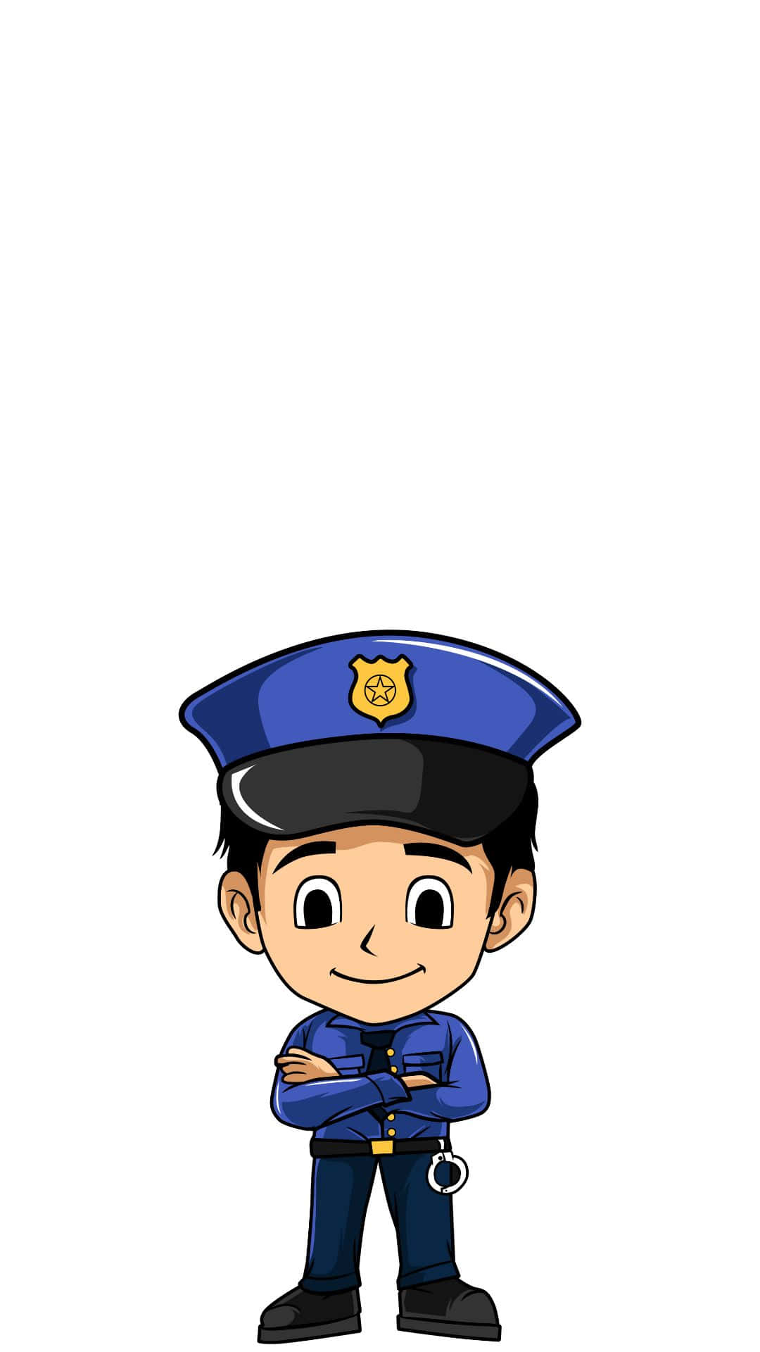 一位身穿藍色制服、微笑的卡通警察，雙臂交叉。