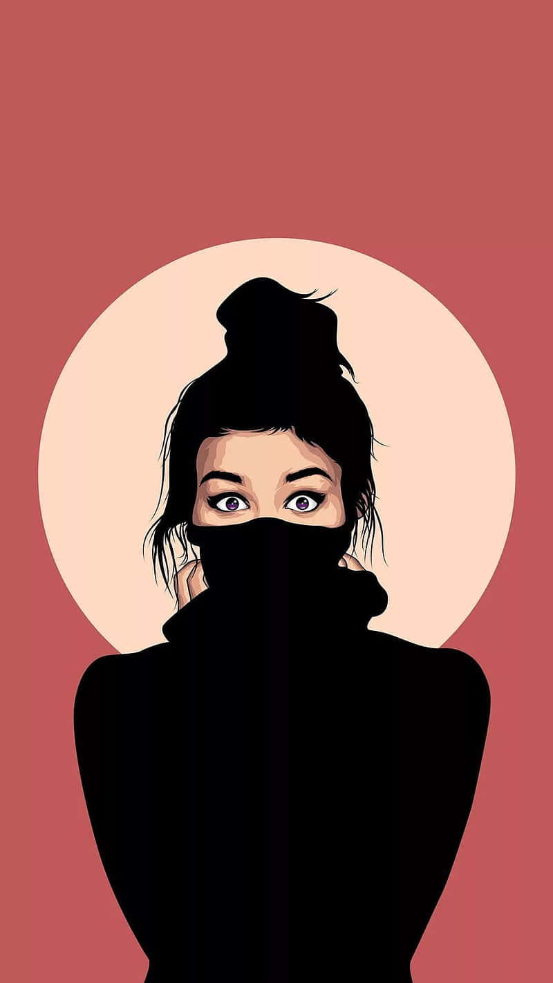 紫色眼睛和深色頭髮的女人從黑色連帽衫中探出頭來，背景是蜜桃色圓形。