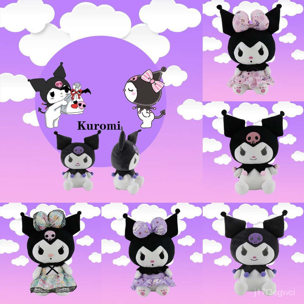 Kuromi Fanart 桌布 壁紙 — 穿著各種服裝的毛絨Kuromi公仔在漸變紫色天空中的白雲間漂浮。