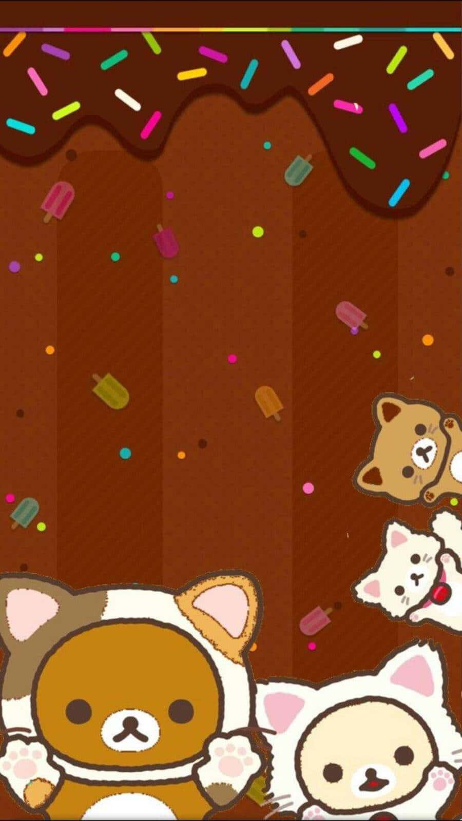 Kawaii Bear 桌布 壁紙 — 穿著太空衣的可愛Rilakkuma角色在朱古力背景上漂浮於灑落的糖粒和冰棒之間。