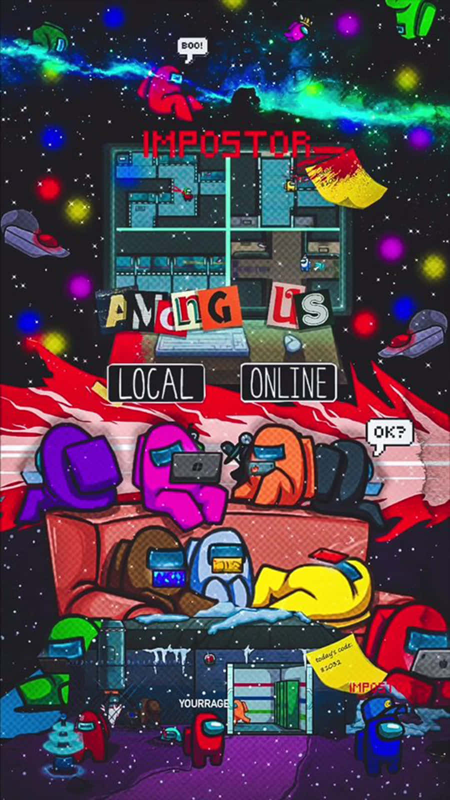 Among US Cool 桌布 壁紙 — 穿著太空衣的鮮豔卡通角色在星空宇宙背景下，於色彩繽紛的爆炸和漂浮帽子中玩Among Us。