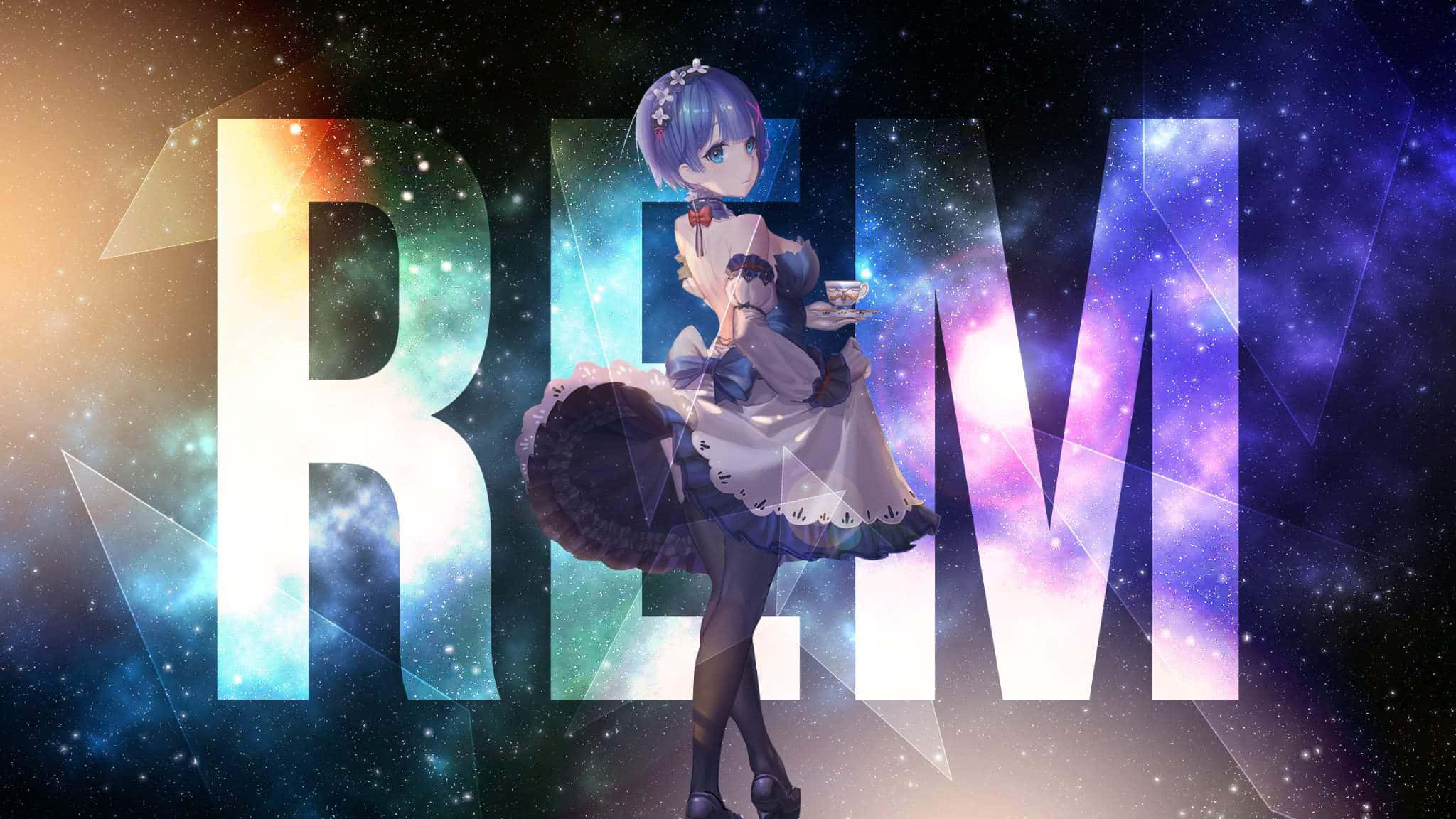 re:從零開始的異世界生活 桌布 壁紙 — 穿著女僕裝的動漫女孩在宇宙背景下拿著茶杯，發光的銀河字母拼出 REM。