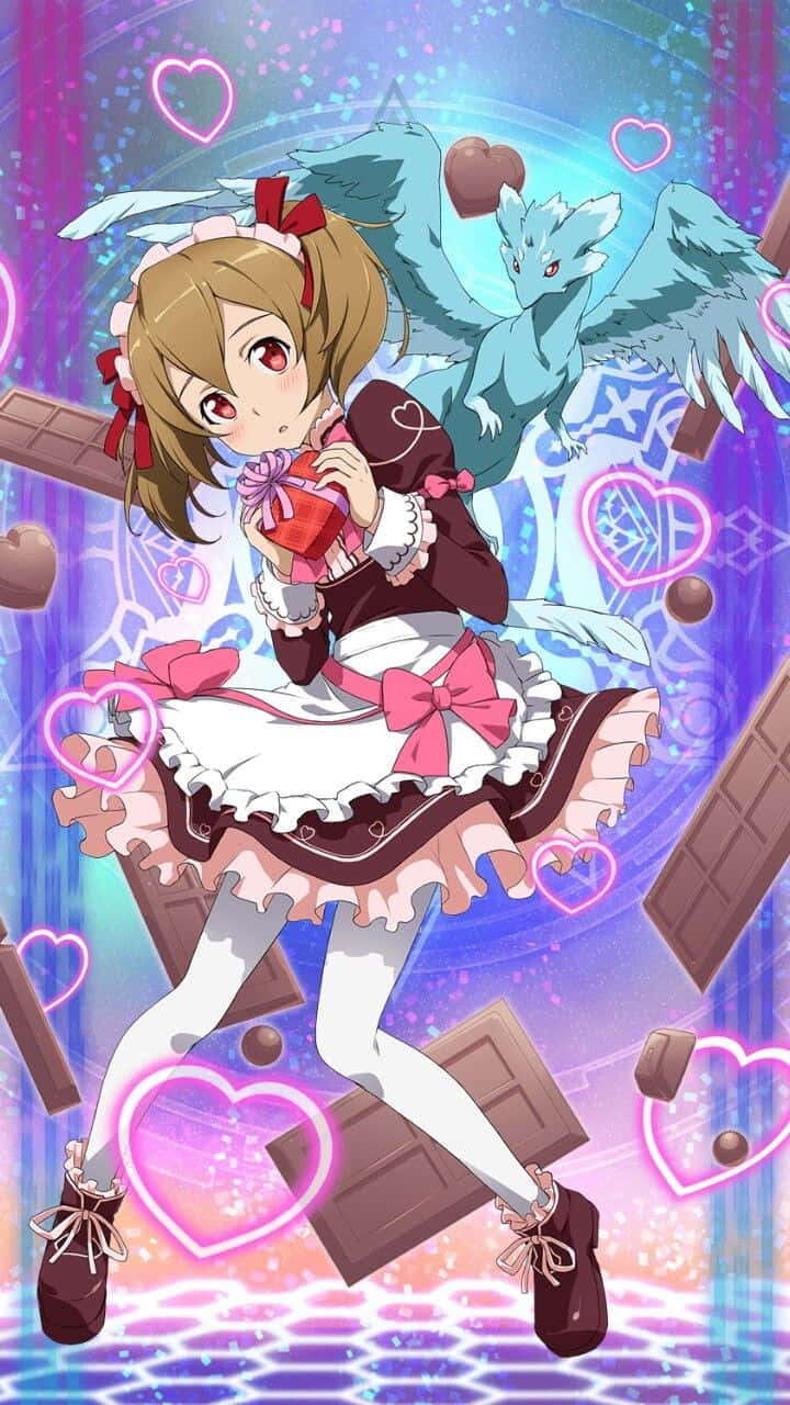 Sword Art Online Silica 桌布 壁紙 — 穿著女僕裝的動漫女孩手持朱古力禮物，被漂浮的心形和帶翅膀的生物包圍，背景是發光的紫色。