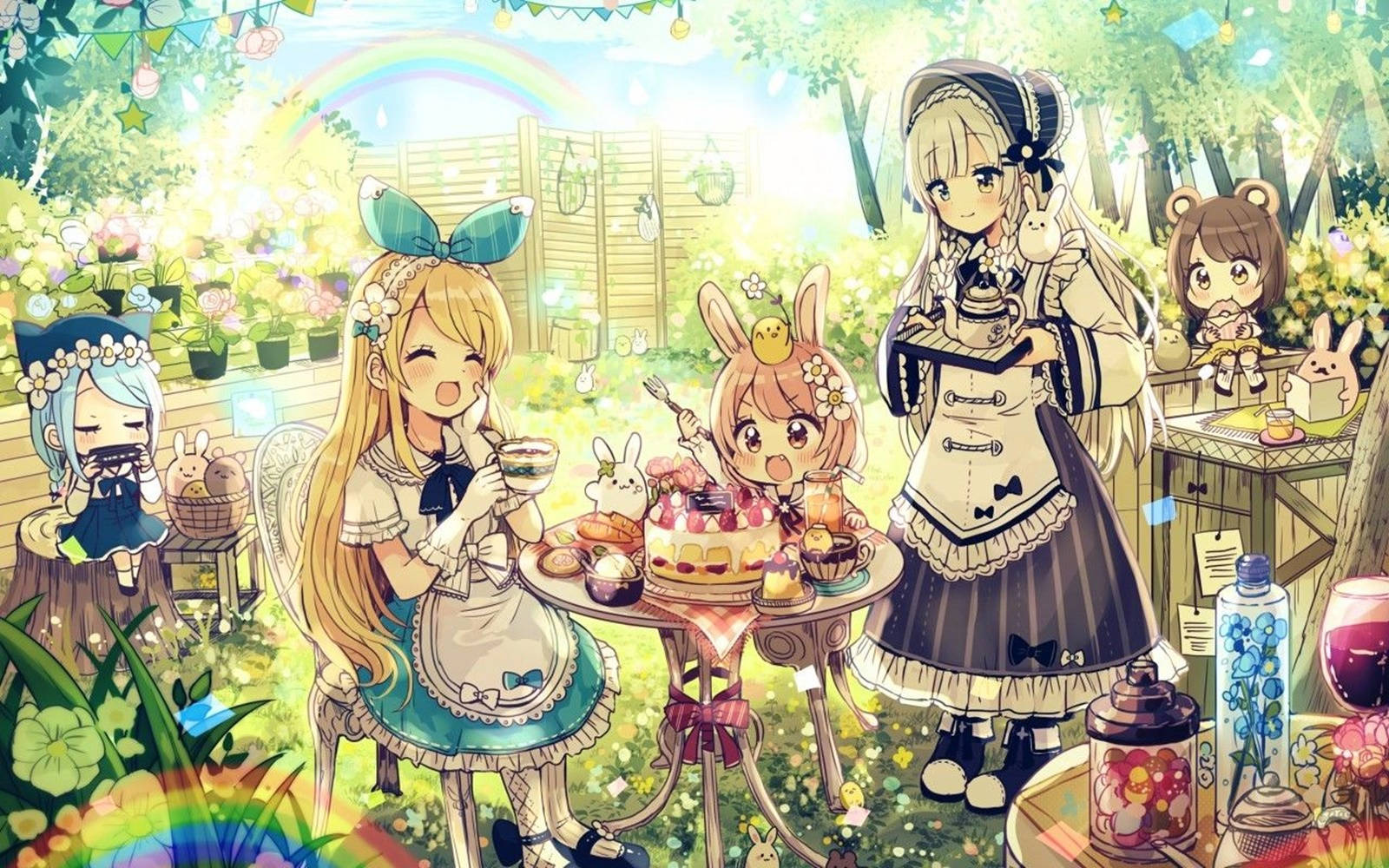 愛麗絲夢遊仙境 桌布 壁紙 — 穿著女僕裝的動畫女孩在陽光普照的花園中，在鮮豔的彩虹下享受茶和蛋糕。