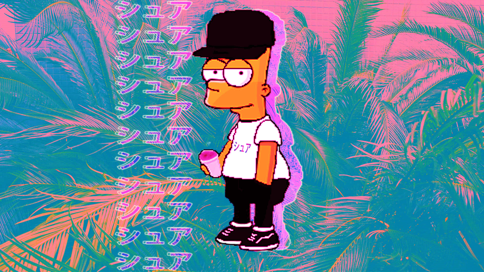 穿著巴特·辛普森 Supreme，保持時尚冷靜 壁紙 — 巴特·辛普森站在一個充滿活力的熱帶場景中，背景有霓虹粉紅和藍綠色的棕櫚葉以及日文文字疊加。