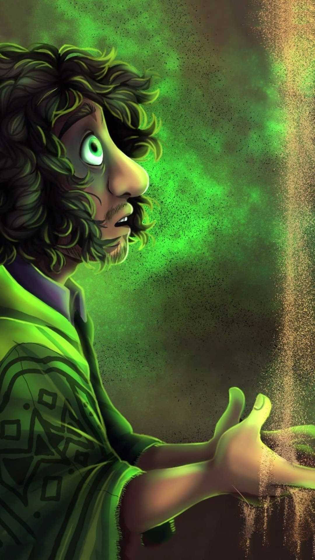 一個擁有發光綠色眼睛的男子在神秘的綠色環境中看著金色沙粒在他身旁落下。