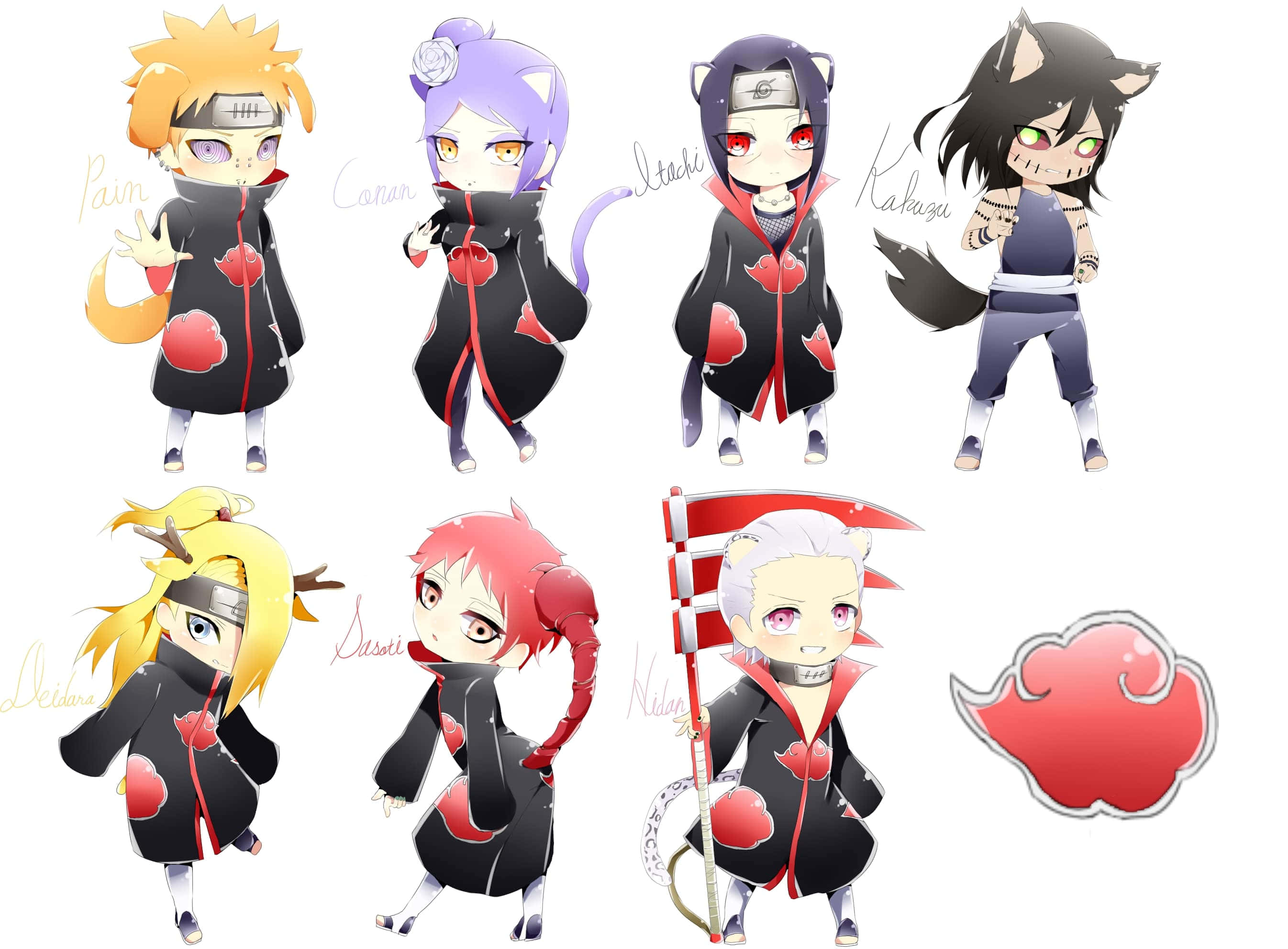 Akatsuki X Deidara 桌布 壁紙 — 穿著帶有紅色雲朵和動物耳朵的曉組織斗篷的Q版動漫角色，在純白色背景前擺姿勢。