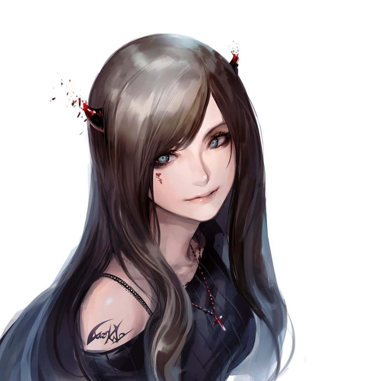 動漫女孩，有惡魔角和藍眼睛，穿著深色衣服。