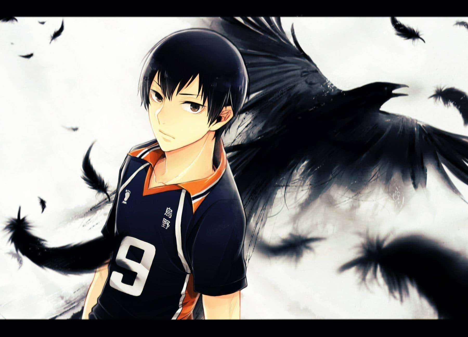 Haikyuu Fan Art 桌布 壁紙 — 穿著排球球衣、擁有黑色翅膀和飄落羽毛的動漫男孩，背景為純白色。