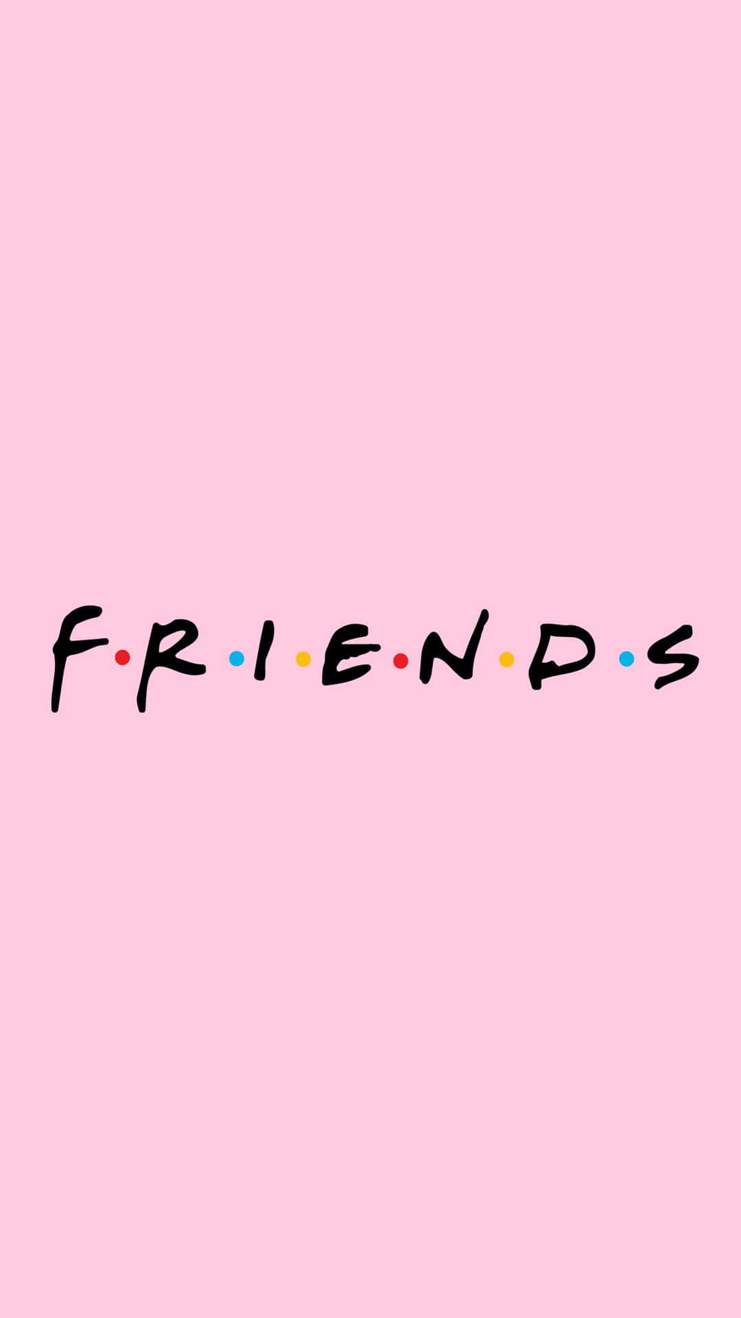 粉紅色背景上，以黑色手寫字體呈現的「FRIENDS」字樣及彩色圓點。