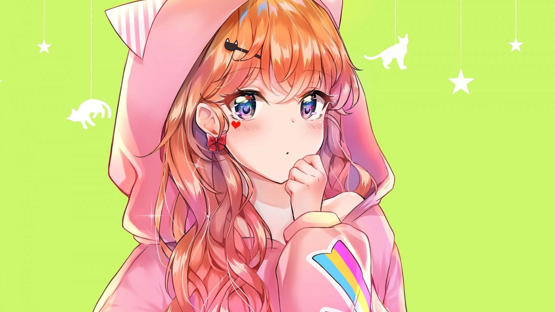 穿著時尚動漫少女連帽衫展現風格 壁紙 — 一個可愛的動漫女孩，橙色頭髮和貓耳朵，穿著粉紅色連帽衫，在明亮的綠色背景上掛著星星和貓剪影，溫柔地微笑。