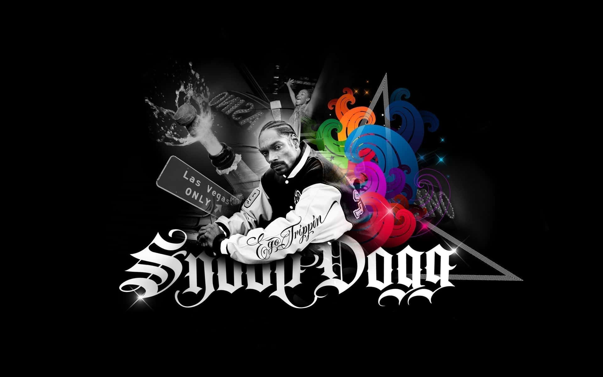 Snoop Dogg 圖形，帶有彩虹漩渦和拉斯維加斯標誌。