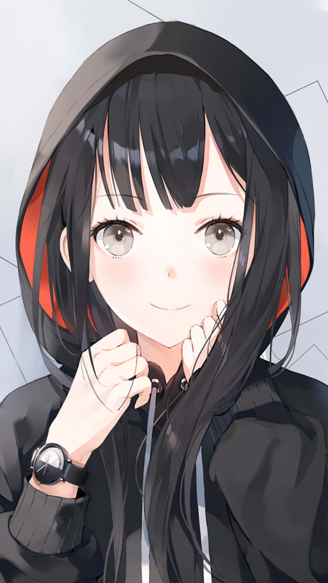 穿著時尚連帽衫的動漫女孩 壁紙 — 一個開心的動漫女孩，長長的黑髮和黑色連帽衫，在幾何背景前微笑著調整她的帽子。