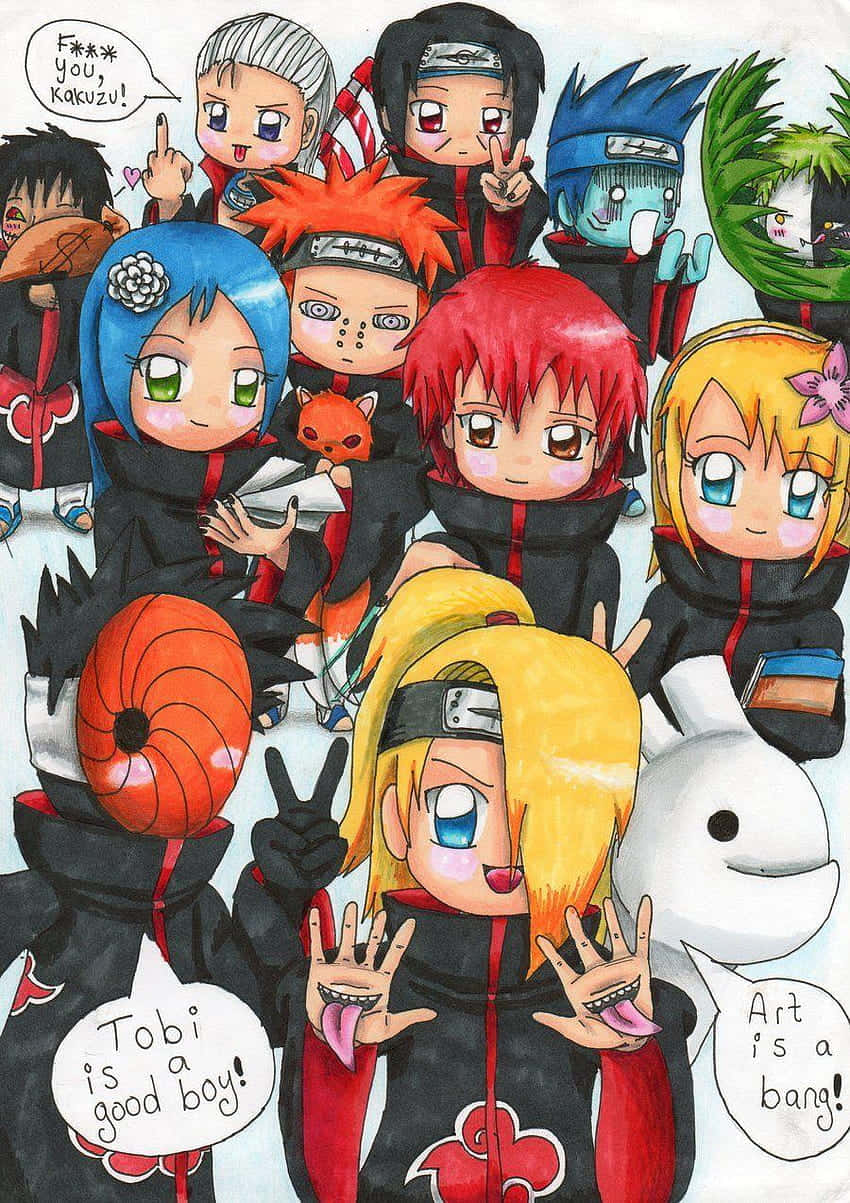 Akatsuki Chibi 桌布 壁紙 — 穿著曉組織服裝的Q版動漫角色，帶著對話框和俏皮表情，開心地擺出姿勢。