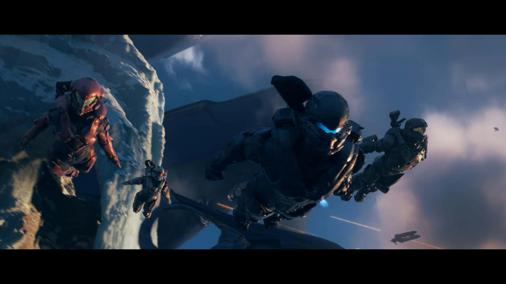 Fireteam Osiris 桌布 壁紙 — 穿著未來盔甲的士兵在雪崖上方的多雲天空中跳躍，遠處有一艘飛船。