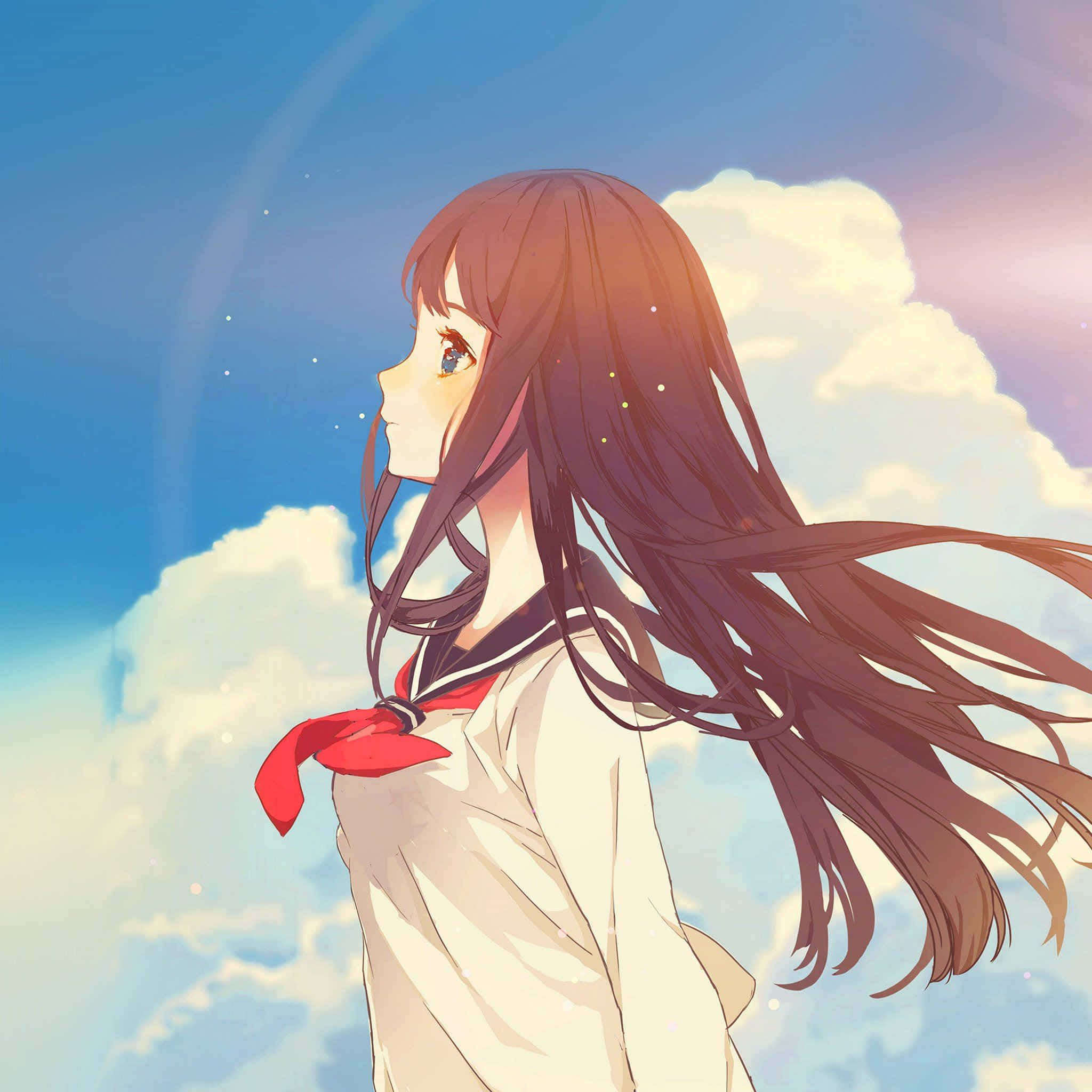 Anime Sky 桌布 壁紙 — 穿著校服的動漫女孩仰望藍天白雲，長髮飄逸。