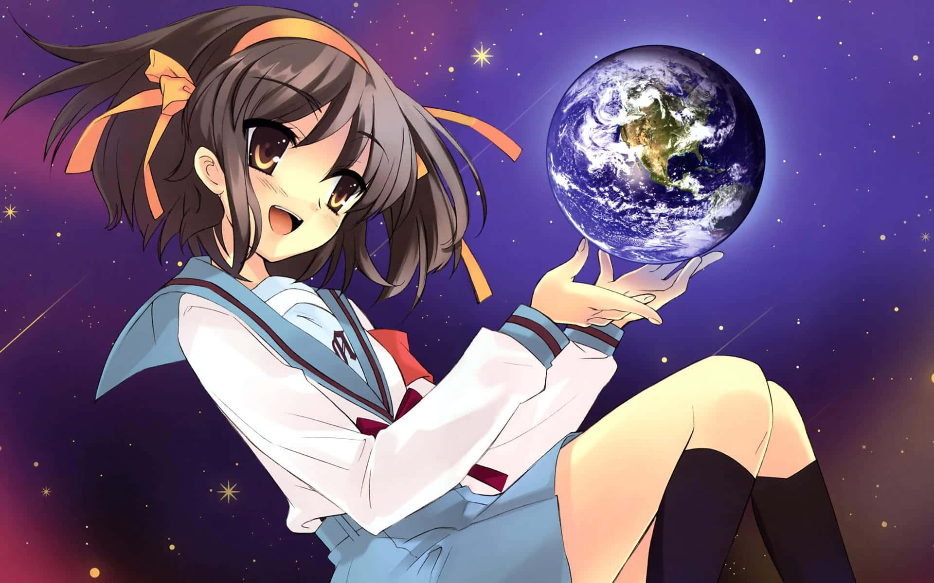 The Melancholy Of Haruhi Suzumiya 桌布 壁紙 — 穿著校服的動漫女孩在星空宇宙背景下輕輕地將地球捧在手中。