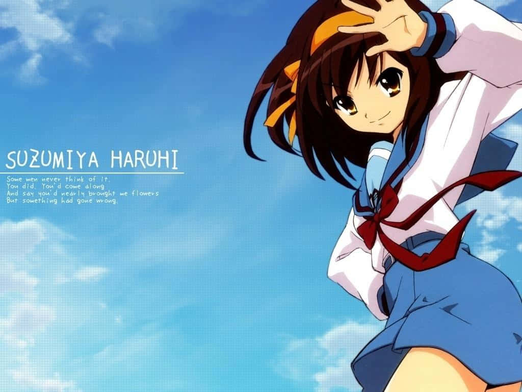 The Melancholy Of Haruhi Suzumiya 桌布 壁紙 — 穿著校服的動漫女孩在藍天白雲下頑皮地微笑。