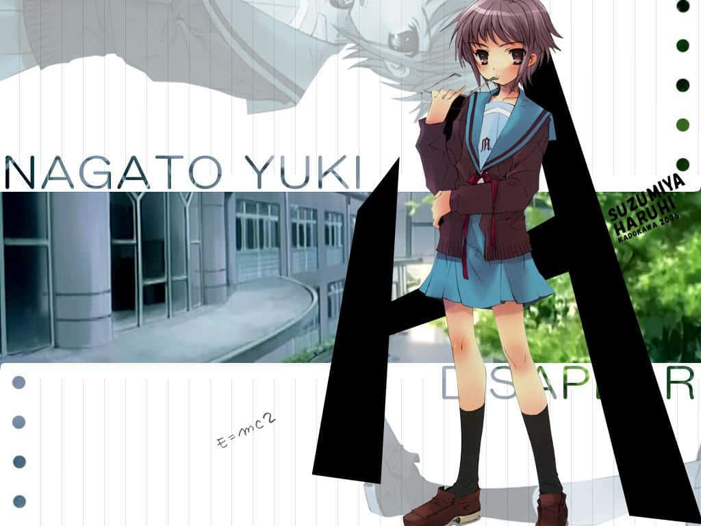 Yuki Nagato 桌布 壁紙 — 穿著校服的動漫女孩自信地站在一個帶有文字和物理方程式的風格化背景前。