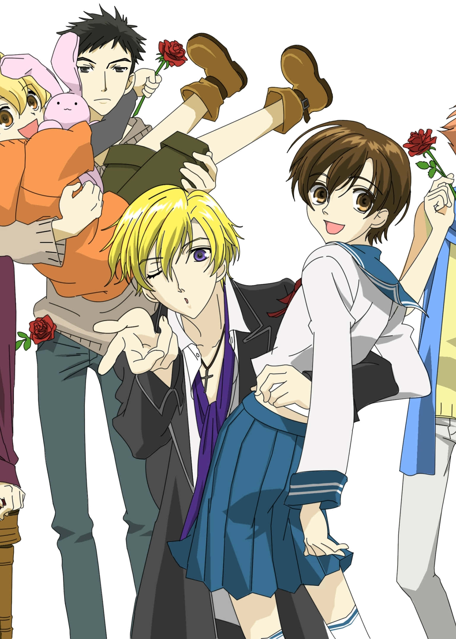 ouran high school host club 桌布 壁紙 — 穿著校服的動漫角色在純白色背景前，拿著玫瑰和兔耳俏皮地擺姿勢。