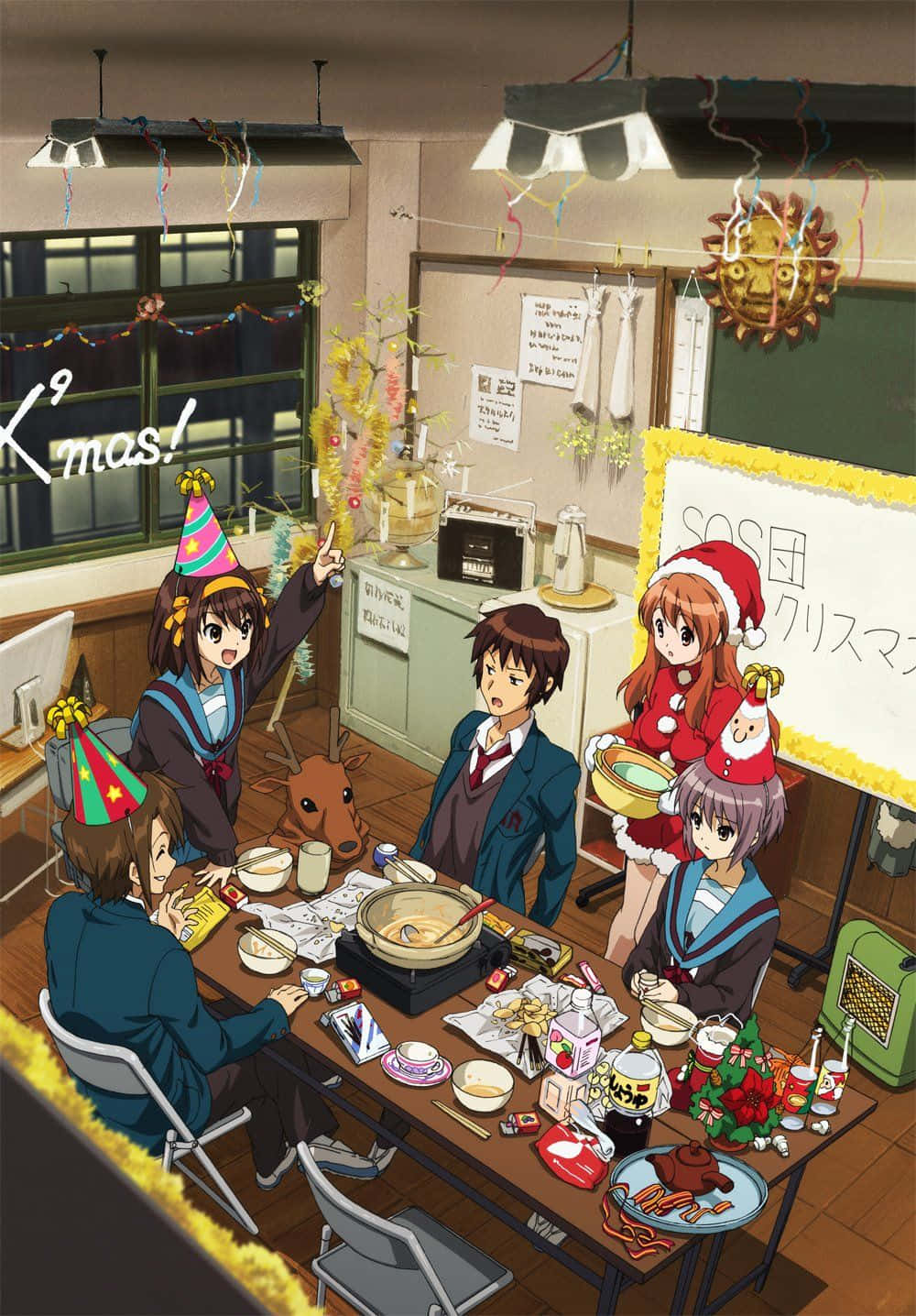 Kyon 桌布 壁紙 — 穿著校服的動漫角色在裝飾和食物圍繞的節日餐桌旁慶祝聖誕節。