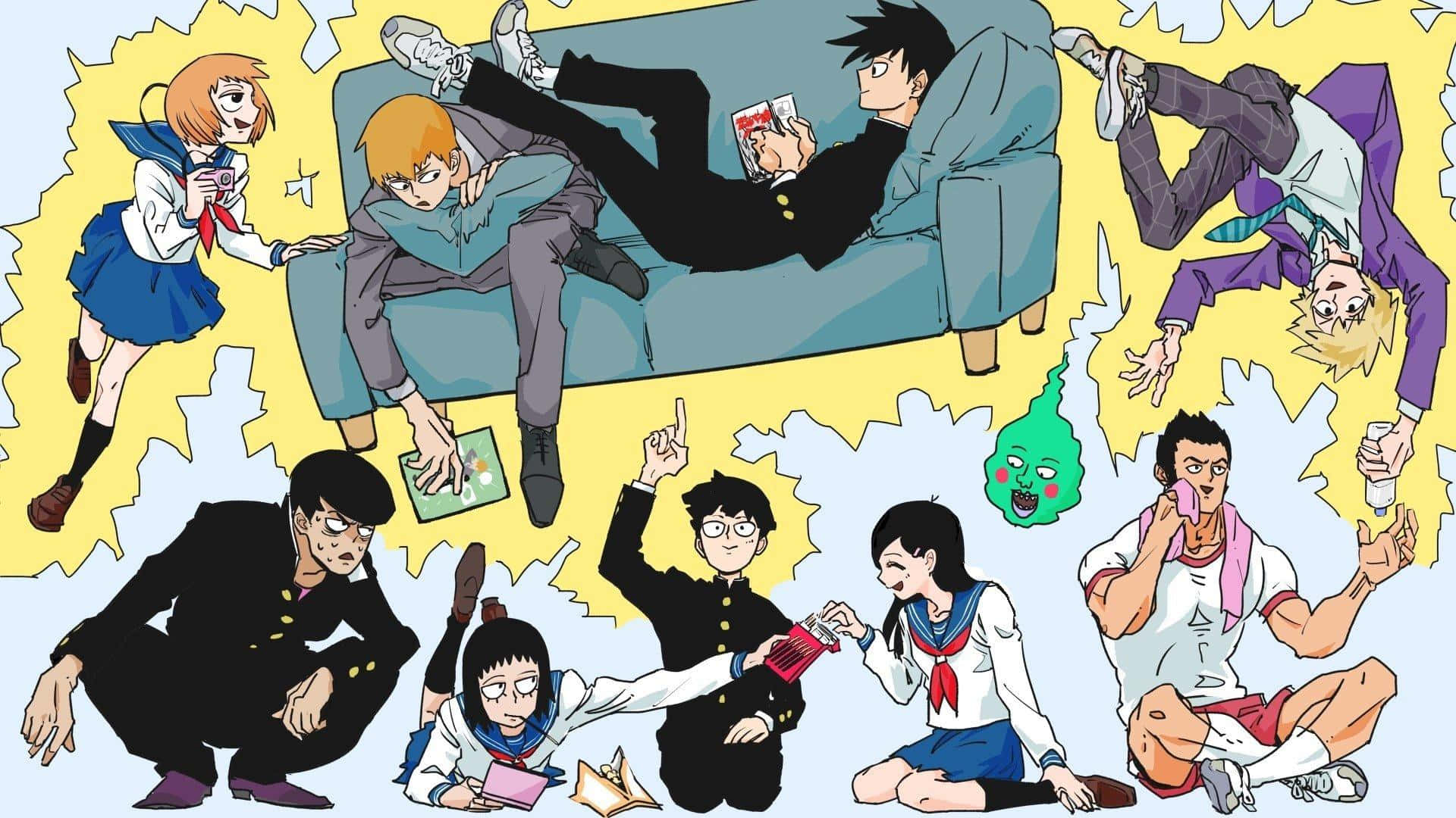 Arataka Reigen 桌布 壁紙 — 穿著校服的動漫角色在黃色背景前，圍繞藍色沙發熱鬧地玩牌和互動。