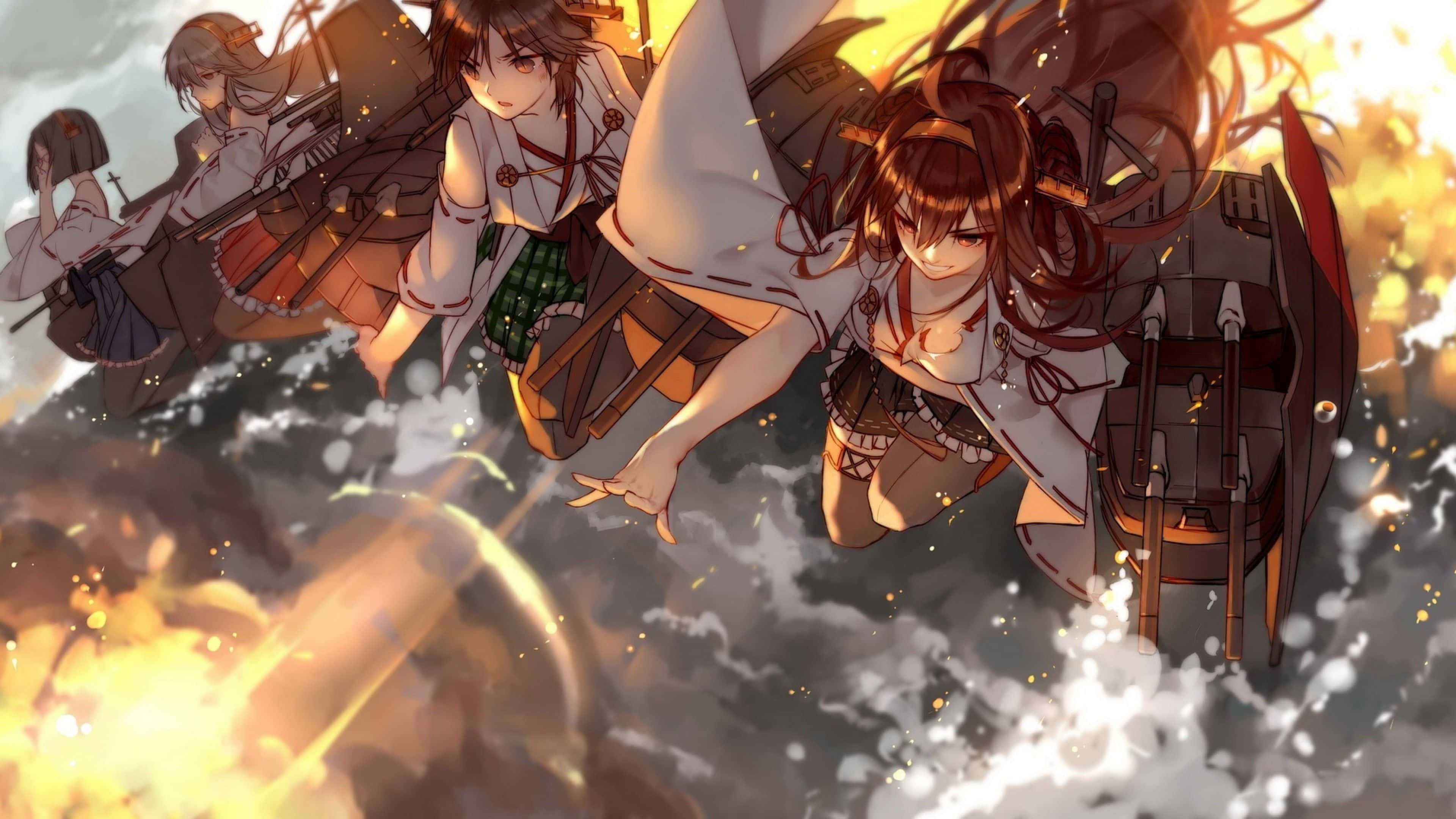 Kancolle 桌布 壁紙 — 穿著校服的動畫女孩乘著軍艦，在熾熱的夕陽下穿越爆炸性的海浪。