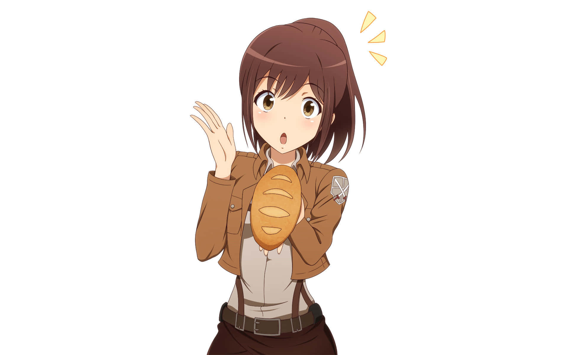 Sasha Blouse 桌布 壁紙 — 穿著棕色制服嘅動畫女孩，驚訝表情，舉起手，拎住麵包。