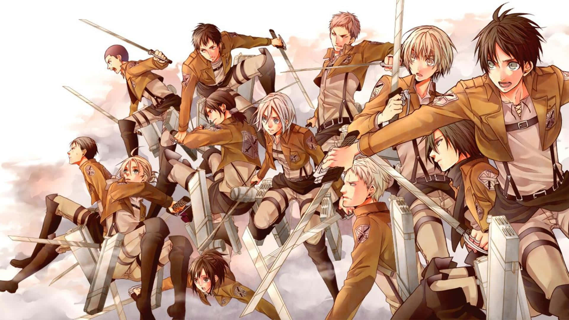 Attack On Titan Video Game 桌布 壁紙 — 穿著棕色制服的動畫角色揮舞劍和裝備，在陰雲密布的天空下動態跳躍。