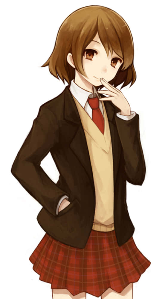 Haruhi Sasaki 桌布 壁紙 — 穿著棕色頭髮和紅色格子裙的動漫女學生，手靠近嘴巴，若有所思地擺姿勢。