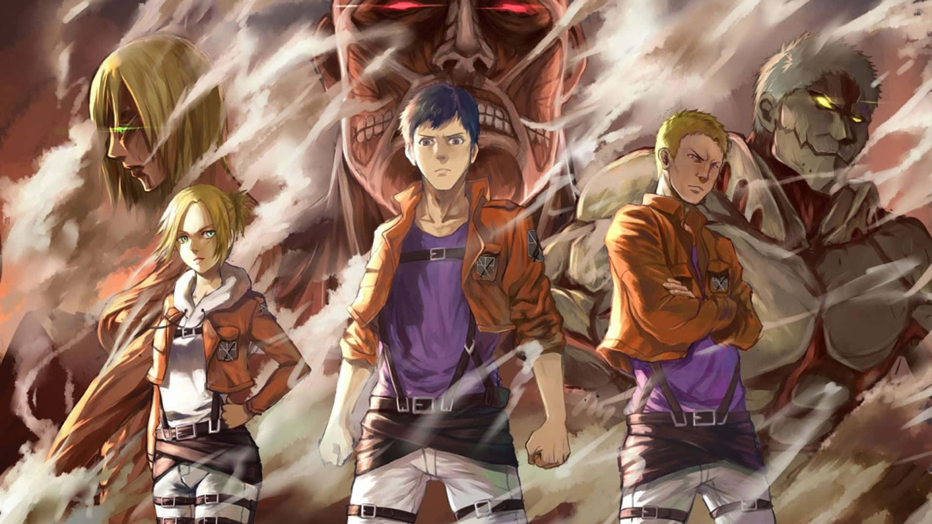 Attack On Titan Video Game 桌布 壁紙 — 穿著橙色外套的動漫角色在旋轉的煙霧和碎片中，挑釁地站在逼近的巨型巨人面前。