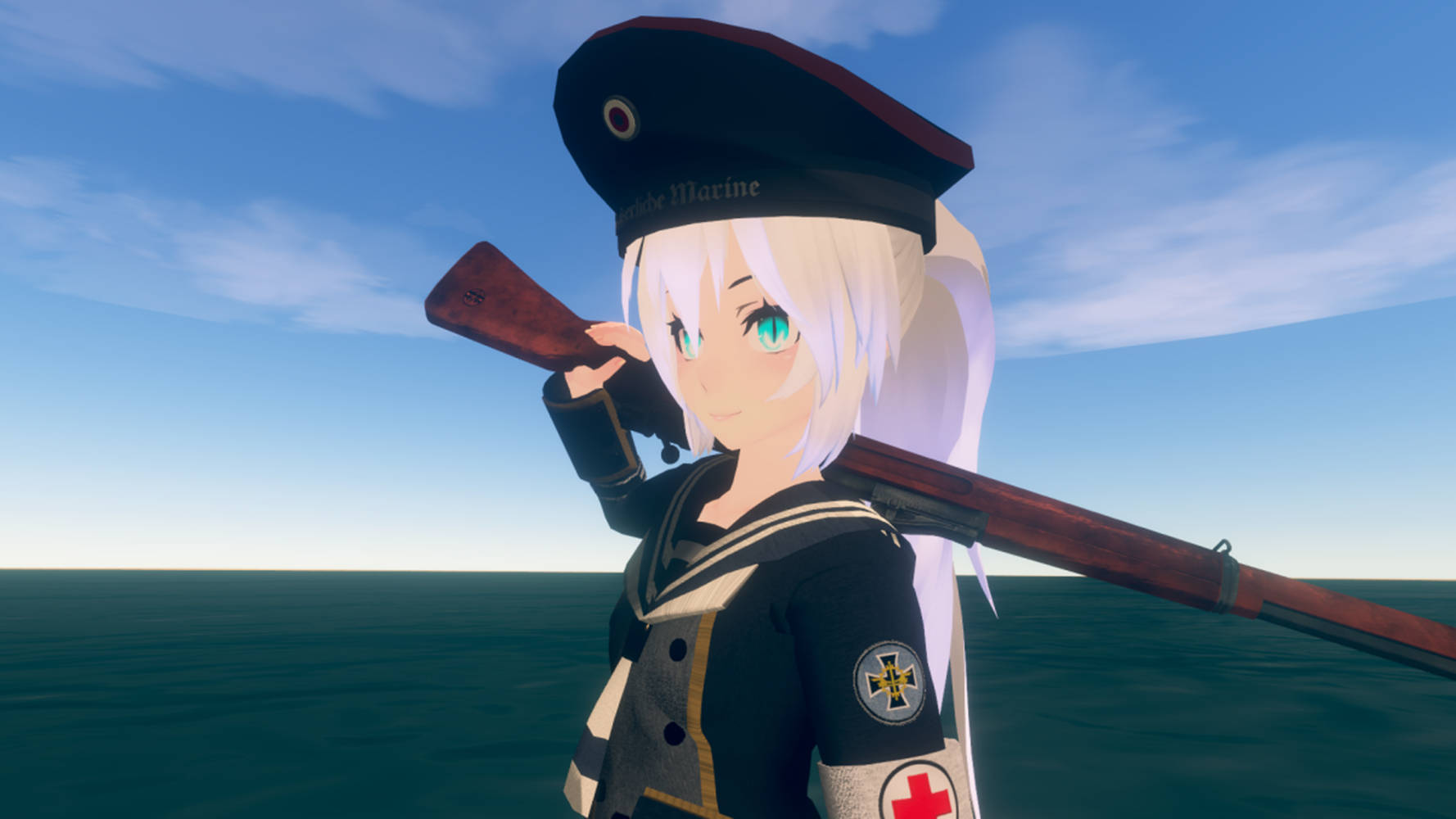 Vrchat Arianna Wolff 壁紙 — 穿著水手服、戴著紅十字臂章的動畫女孩，在海洋和藍天的背景下將步槍扛在肩上。