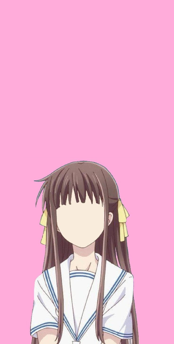 動漫女孩 桌布 壁紙 — 穿著水手服、棕色頭髮和黃色絲帶的動漫女孩站在純粉色背景前。