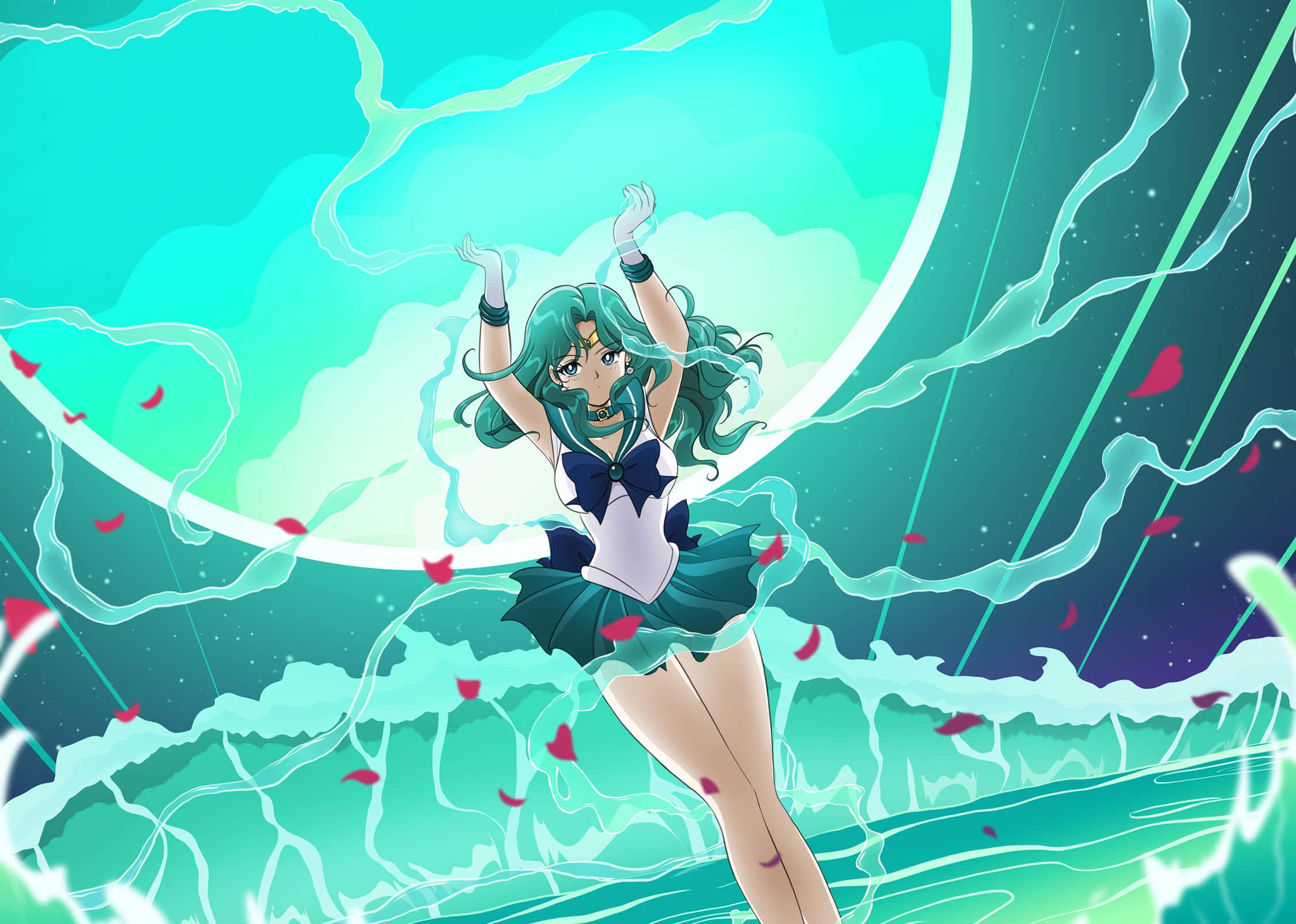 sailor neptune 桌布 壁紙 — 穿著水手服嘅動畫女仔企喺發光嘅青綠色能量同旋轉嘅紅色花瓣之中。