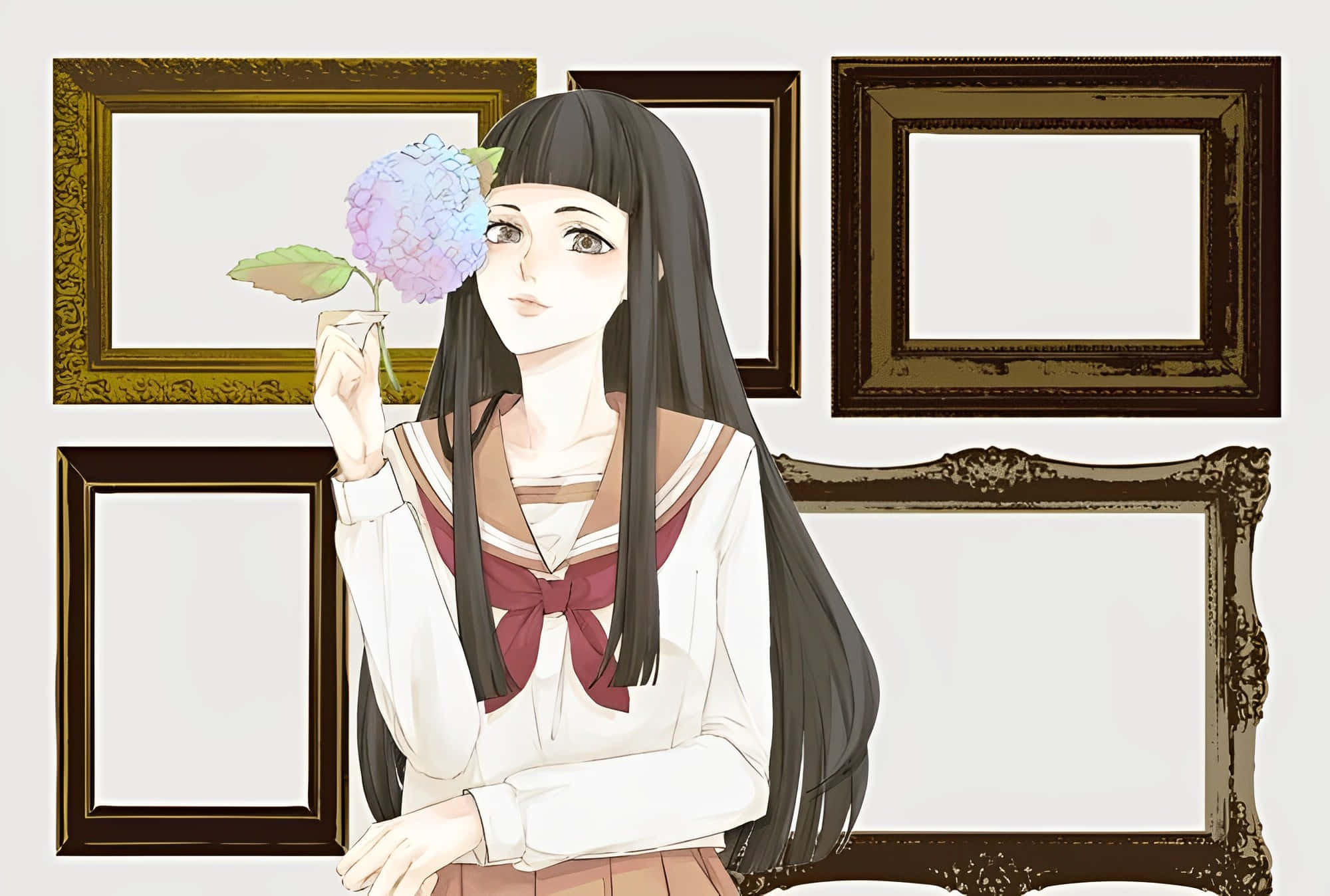 Rikako Oryo 桌布 壁紙 — 穿著水手服的動漫女孩在華麗的空畫框附近拿著紫色繡球花。