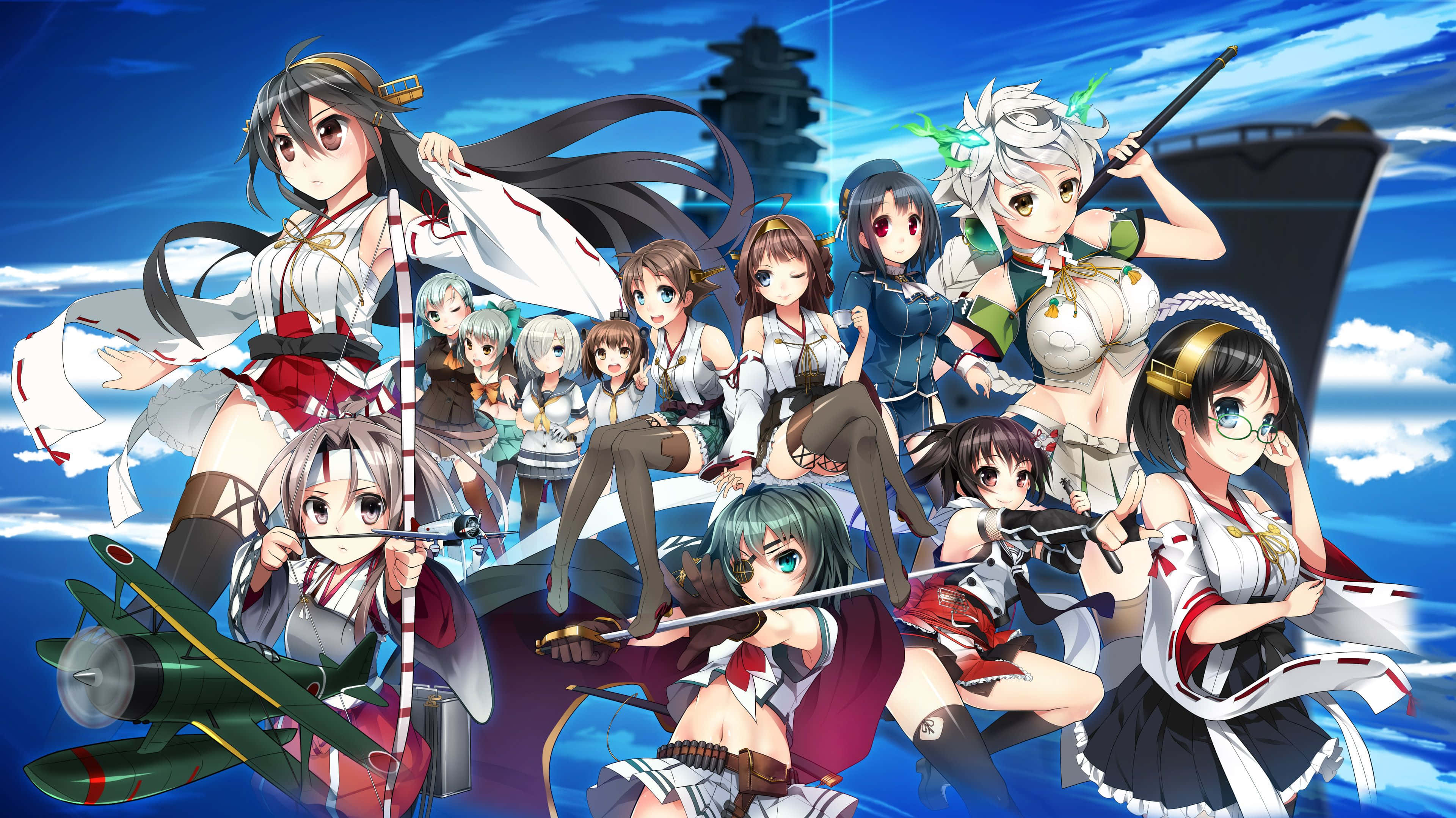 Kancolle 桌布 壁紙 — 穿著水手服的動漫女孩在藍天、軍艦和飛機的背景下動態擺姿勢。